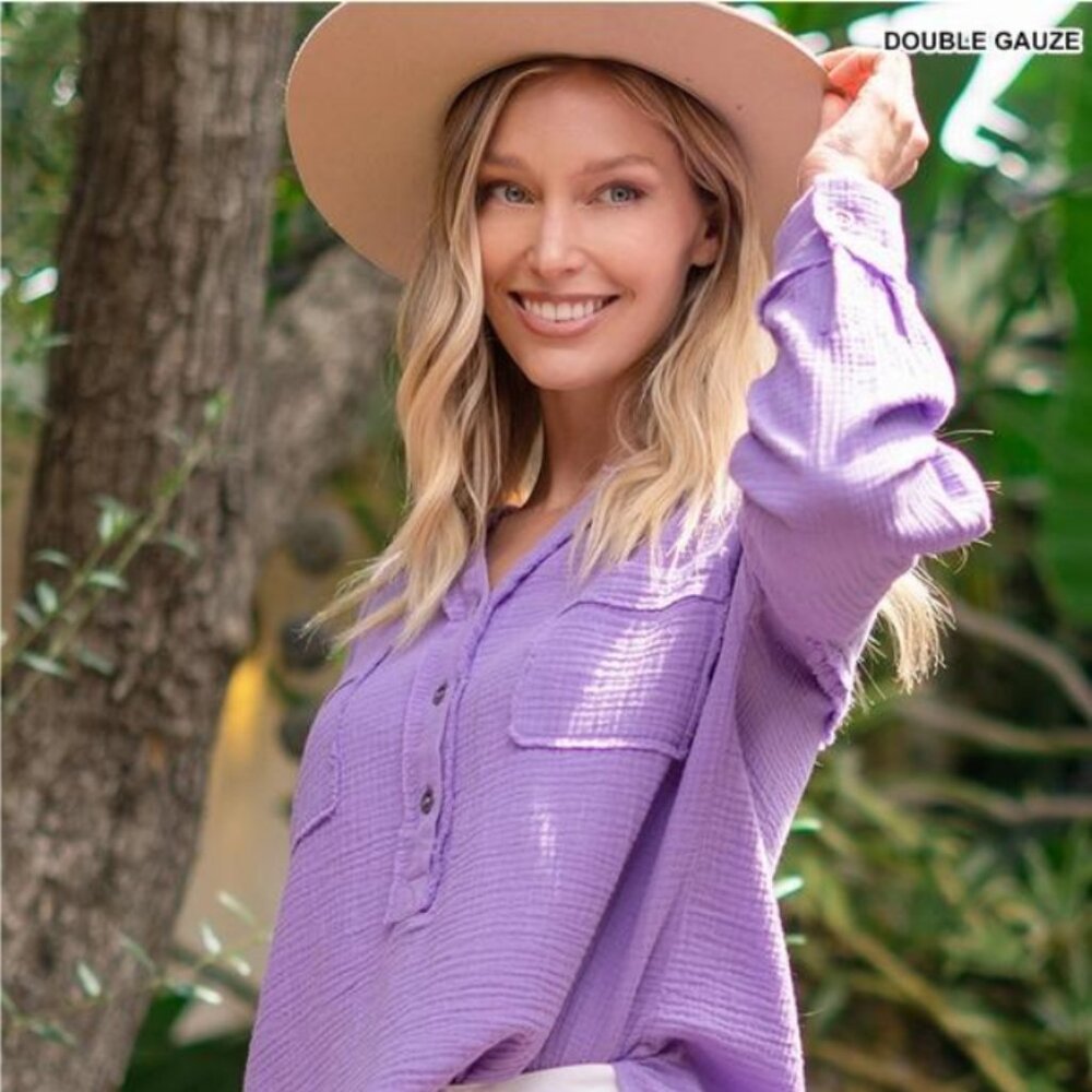 Double Gauze 3/4 Button Henley-Neck Shirt "LAVENDER"